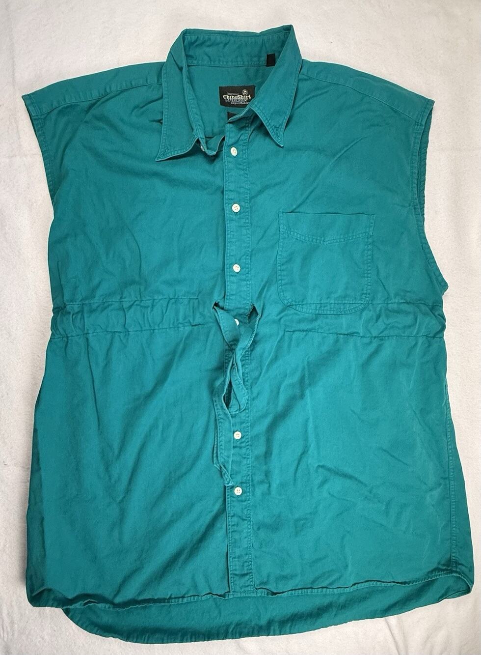 Vtg Evergreen Original ChinoShirt Teal Sleeveless Button up Tie Front Waist XL